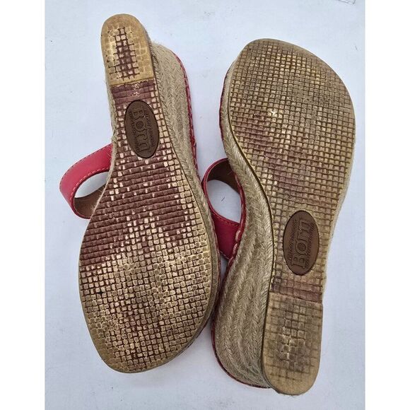 Born Womens Red Leather Strappy Wedge Sandals With Braided Espadrille Heel & Adj - Picture 11 of 12